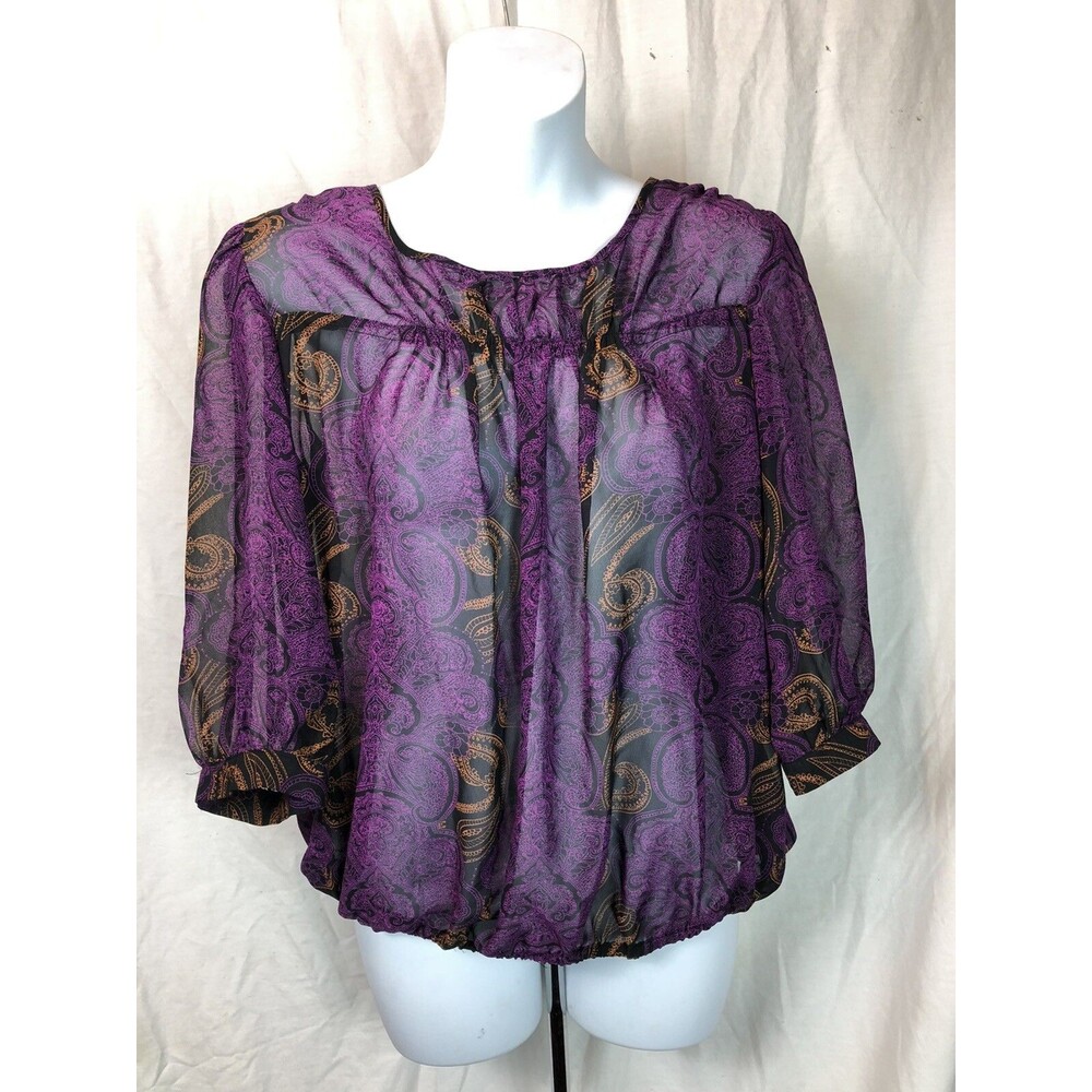 Vtg Chiffon Top M Purple/blk Geo 3/4 Balloon sleeves Boho Whimsigoth Fairy Y2K